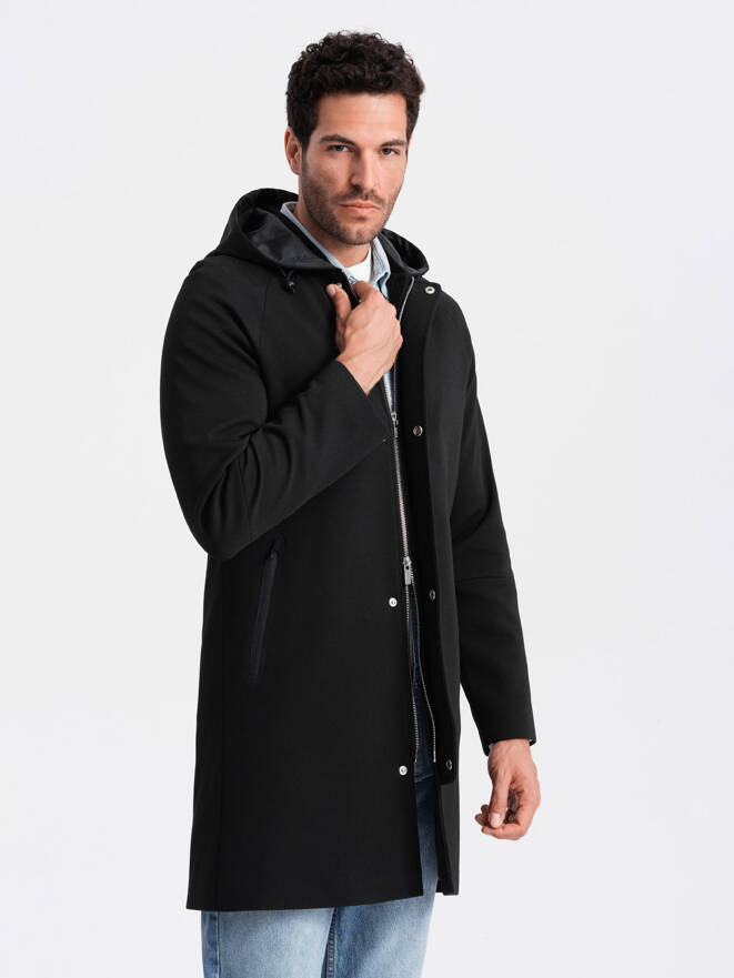 Męski płaszcz z kapturem w delikatny prążek - czarny V2 OM-COSC-0112