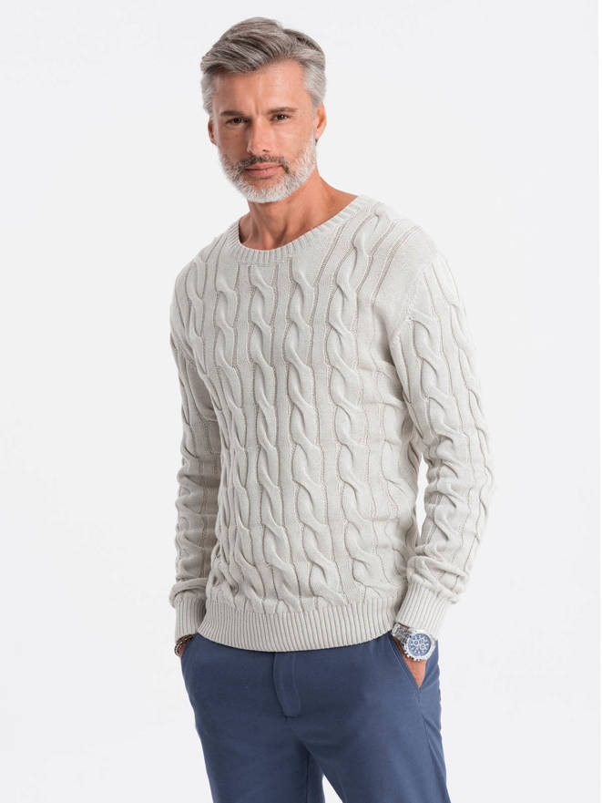 Sweter męski z warkoczowym splotem E195 - biały