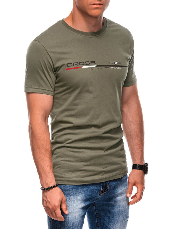 T-shirt męski z nadrukiem S1712 - khaki