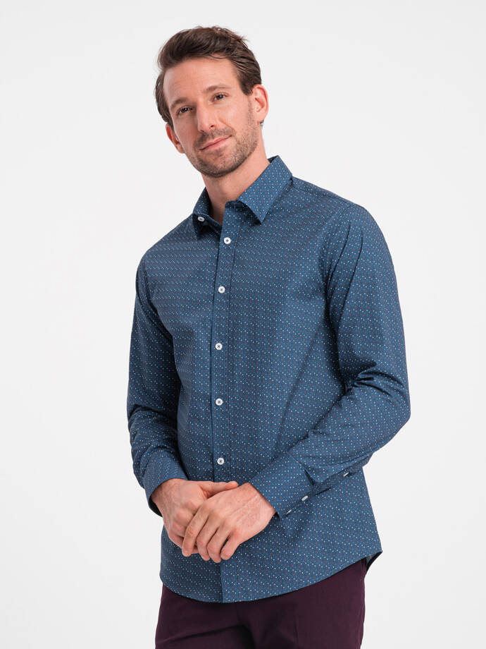 Bawełniana koszula męska we wzory SLIM FIT - niebieska V4 OM-SHCS-0151