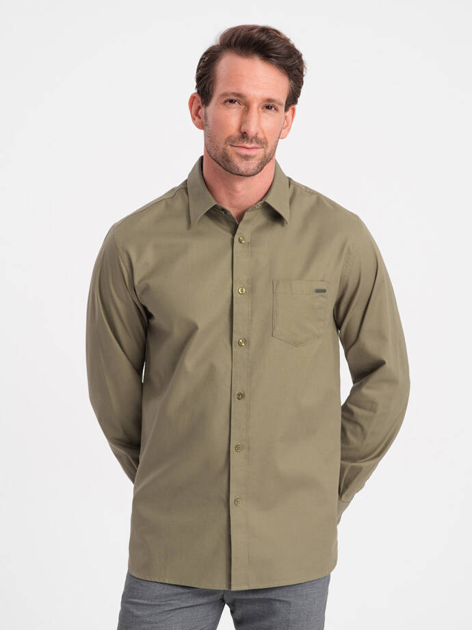 Bawełniana męska koszula z kieszenią REGULAR FIT - oliwkowa V2 OM-SHCS-0147