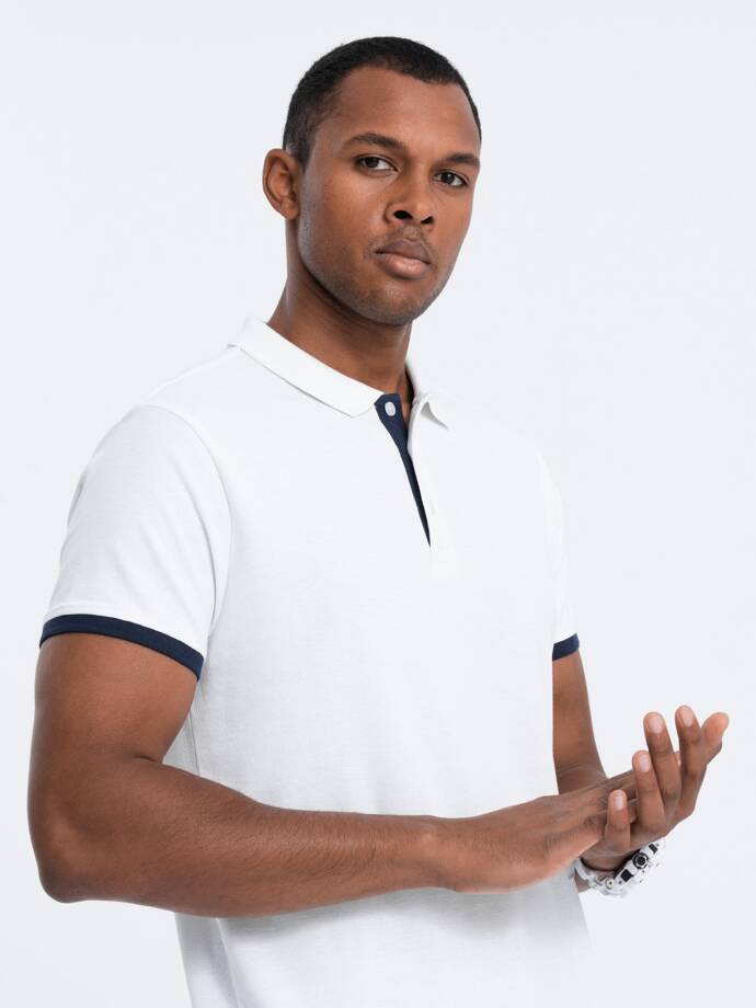 Bawełniana męska koszulka polo z kontrastowymi wykończeniami – biała V1 OM-POSS-0113