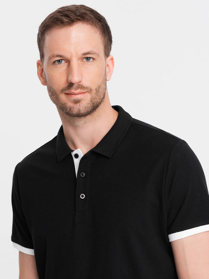 Bawełniana męska koszulka polo z kontrastowymi wykończeniami – czarna V8 OM-POSS-0113