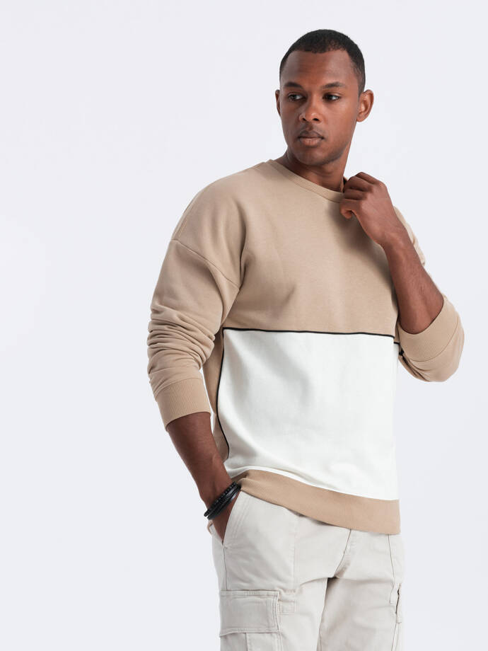Bluza męska OVERSIZE z kontrastowym łączeniem kolorów - beżowa V2 OM-SSNZ-0130