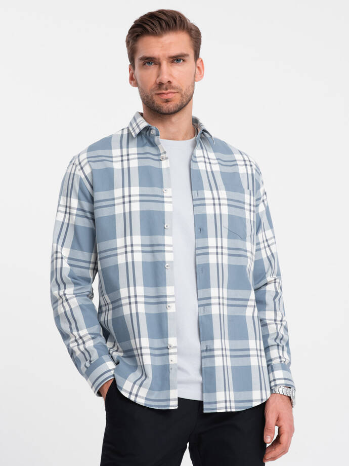 Klasyczna flanelowa męska koszula bawełniana w kratę - niebiesko-kremowa V2 OM-SHCS-0157