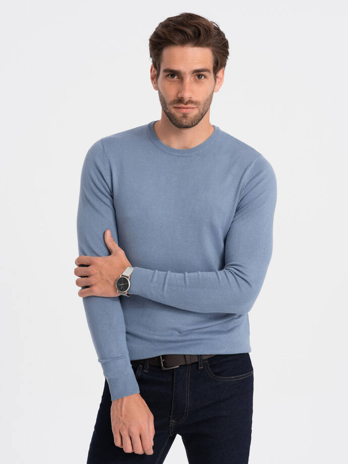 Klasyczny sweter męski z okrągłym dekoltem - jasnoniebieski V10 OM-SWBS-0106