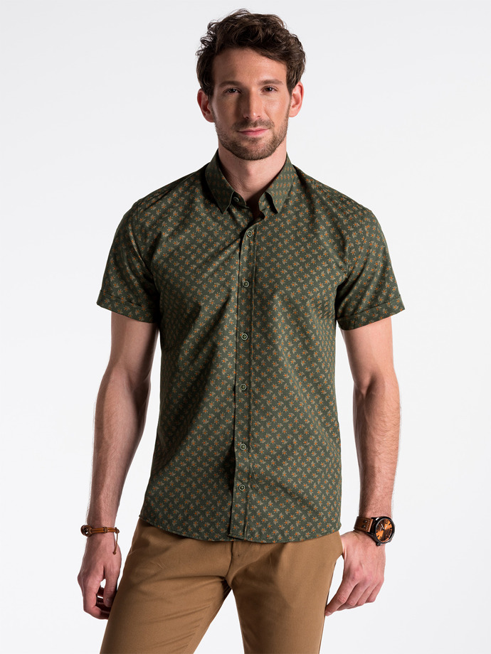 Koszula męska z krótkim rękawem - zielona/brązowa K473