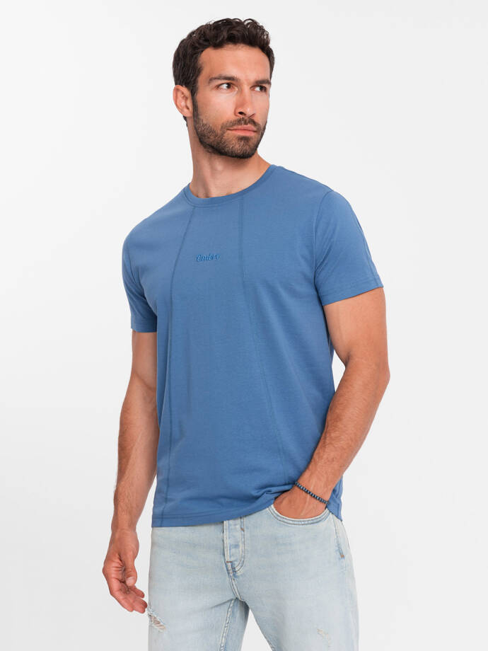 Męska koszulka bawełniana z delikatnym haftem – ciemnoniebieska V6 OM-TSCT-0170