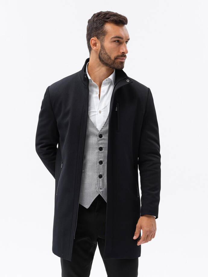 Męski płaszcz ze stójką i pikowaną podszewką - czarny V1 OM-COWC-0103