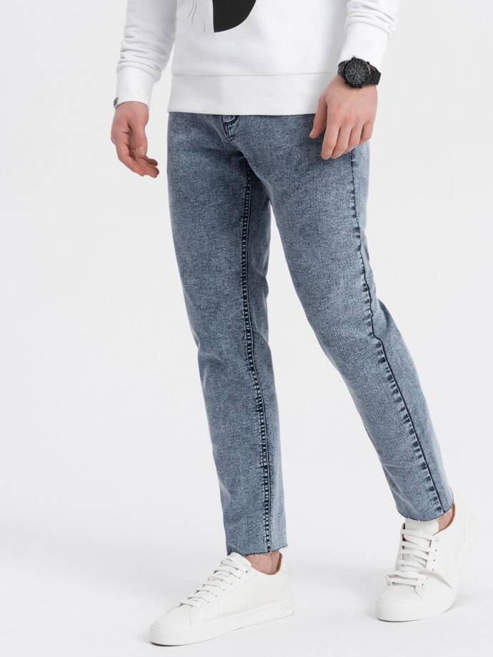 Męskie spodnie jeansowe marmurkowe z surowo wykończoną nogawką SLIM FIT - ciemnoniebieskie V4 OM-PADP-0146