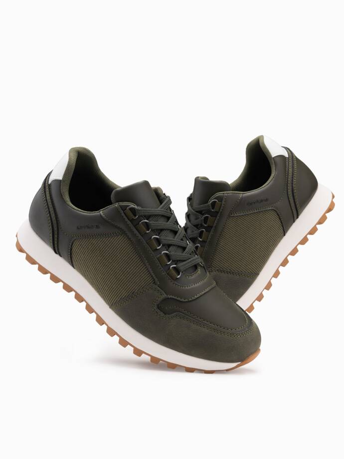 Patchworkowe męskie buty sneakersy z łączonych materiałów – ciemnooliwkowe V4 OM-FOSL-0144 