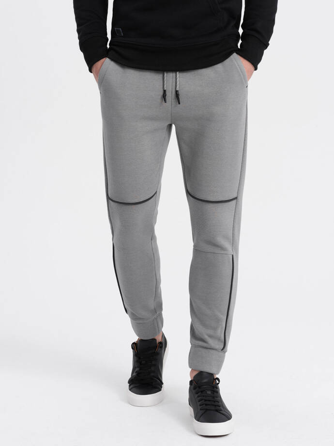 Spodnie męskie dresowe z kontrastowymi przeszyciami - szare V2 OM-PASK-0145