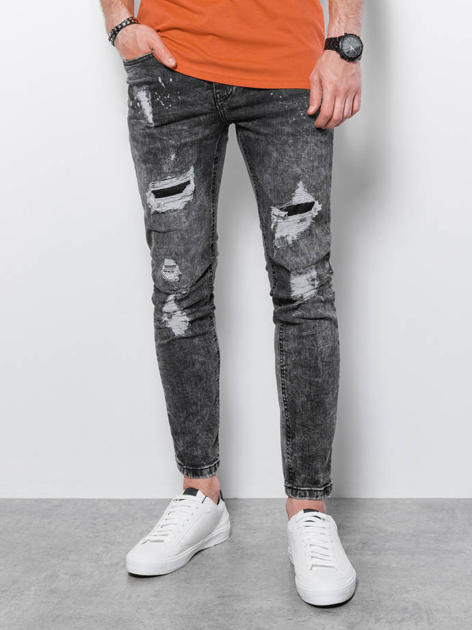 Spodnie męskie jeansowe z dziurami SLIM FIT - szare V2 P1065