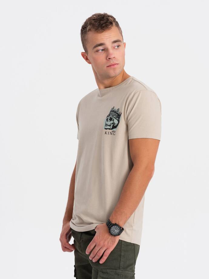 T-shirt męski bawełniany z nadrukiem na klatce piersiowej - beżowy V1 OM-TSPT-0167