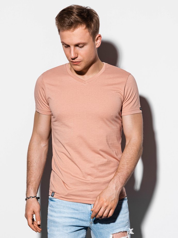 T-shirt męski bez nadruku BASIC - beżowy S1041