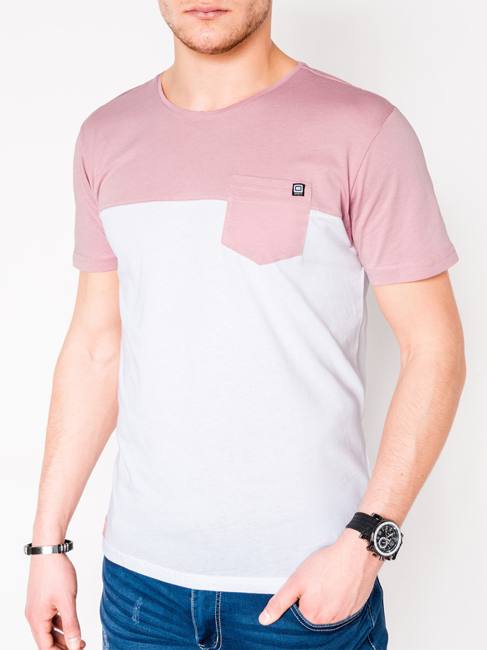 T-shirt męski bez nadruku - różowy/biały S1014
