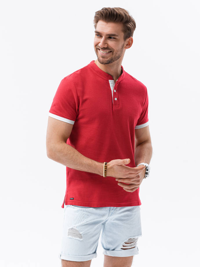 T-shirt męski polo bez kołnierzyka - czerwony V2 S1381