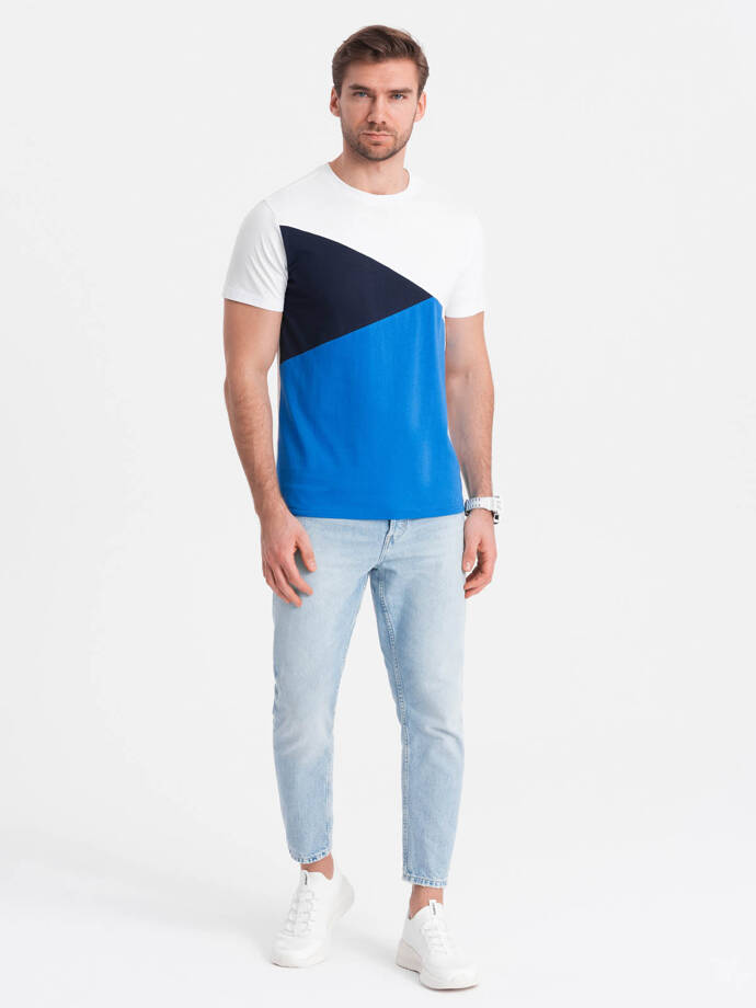 T-shirt męski trójkolorowy bawełniany - biało-niebieski V4 OM-TSCT-0174