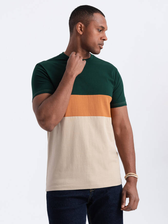 T-shirt męski trójkolorowy w szerokie pasy - zielono-beżowy V4 OM-TSCT-0152