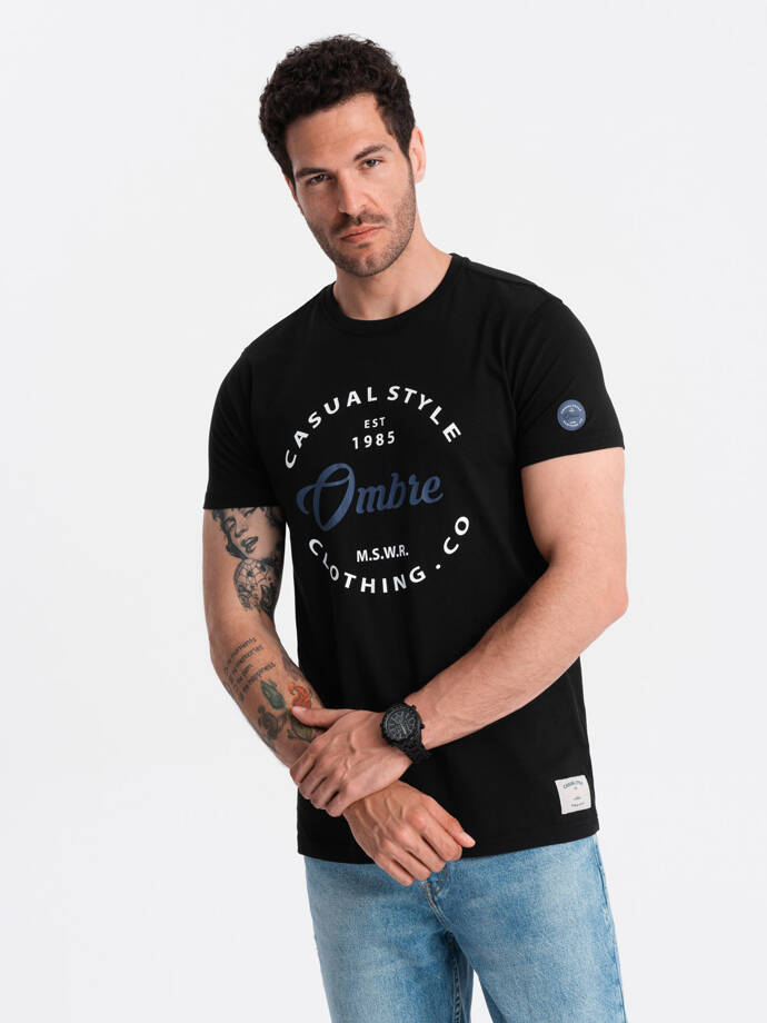 T-shirt męski z nadrukiem Ombre Casual Style – czarny V2 OM-TSPT-0144