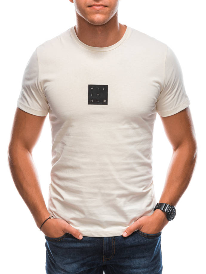 T-shirt męski z nadrukiem S1730 - kremowy