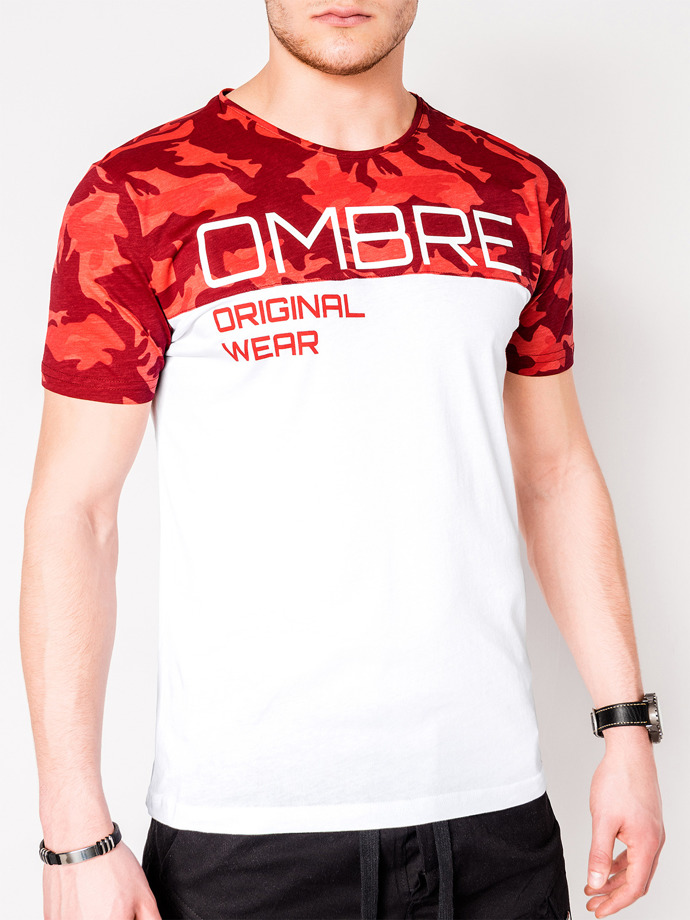 T-shirt męski z nadrukiem - czerwony/moro S1003