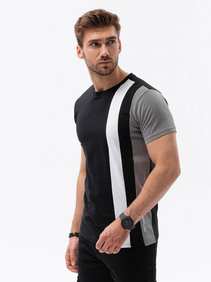 T-shirt męski z pionowymi kontrastowymi elementami - czarny V1 OM-TSCT-22SS-006