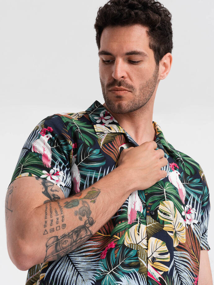 Wzorzysta męska koszula wiskozowa z krótkim rękawem – dżungla V10 OM-SHPS-0113